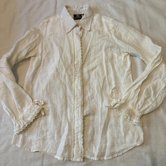 Madison Mathews XS 100% Linen White Button Top Blouse Peasant Boho Cottagecore - Picture 3 of 8
